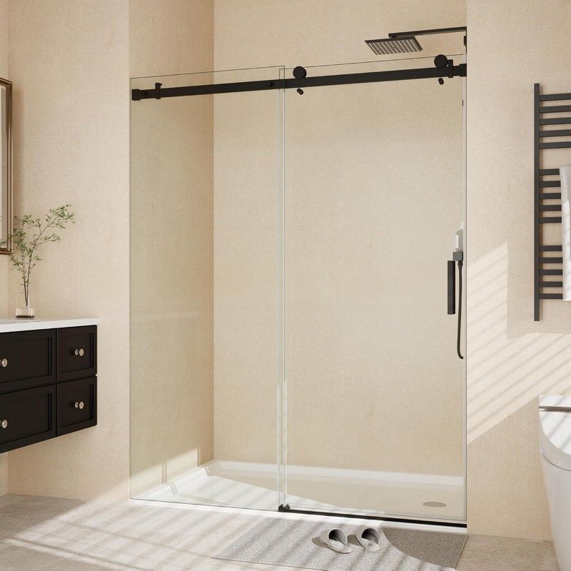 Sliding Glass Shower Door 56-60x76 Inch Frameless 8mm Tempered Glass Stainless Steel Rail 55 Rollers, Black