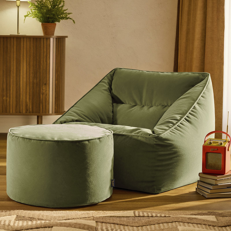 icon Natalia Velvet Adults Bean Bag Armchair and Pouffe, Ready Filled Large Beanbag and Footstool Forest Green, Olive Green