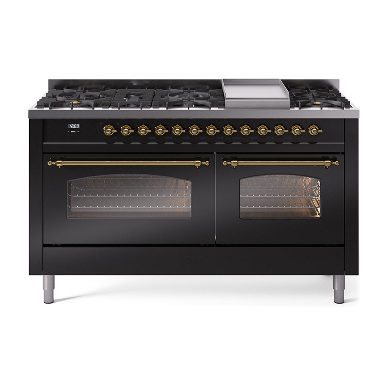 ILVE Nostalgie II 60 Dual Fuel Range, 9 Burners, Griddle, Natural Gas, Glossy Black/Brass