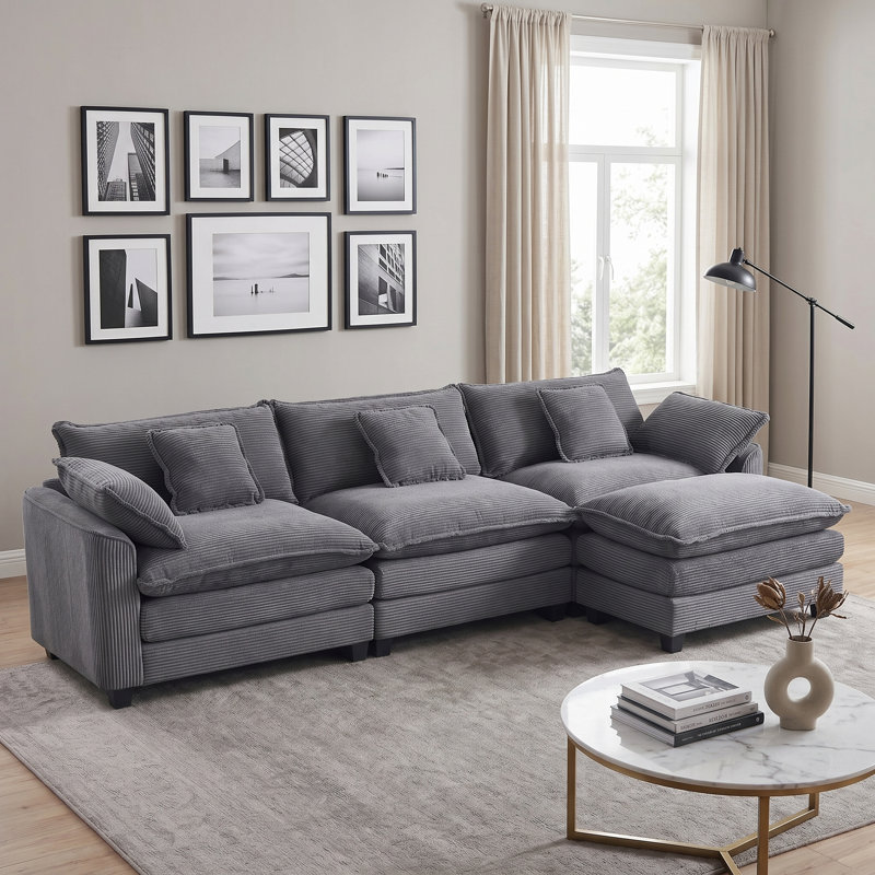 Canapé modulaire 108 po Corduroy avec repose-pieds amovible, Velours côtelé gris