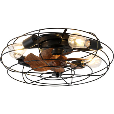 19.7" Indoor Flush Mount Low Profile Ceiling Fan with Lights, Farmhouse Caged Ceiling Fan with Remote