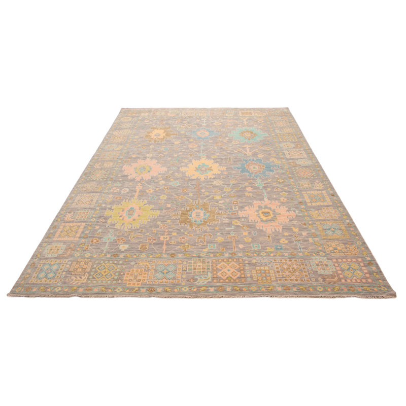 Tapis gris Oushak moderne noué à la main de conception unique 10 pi 0 po x 13 pi 11 po One Of Kind