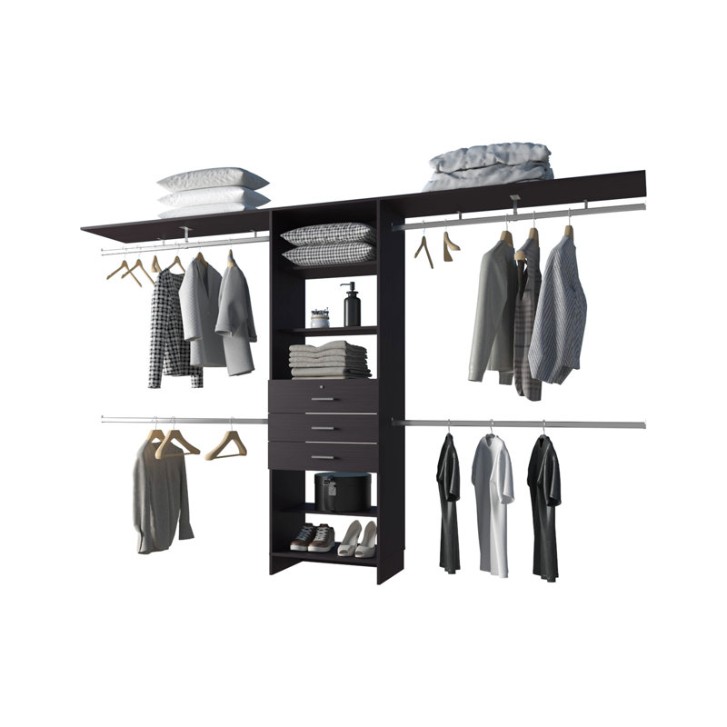 Modular Closet Organizer System With Hanging Rods, Wenge, 73.6" H x 118.1" W x 15.7" D