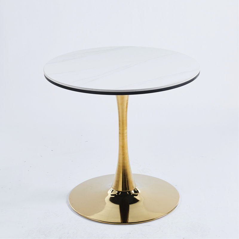 Table Mid-Century dorée et blanche - plateau rond de 2 à 4 personnes avec pieds stables en métal 31,5 po avec magnifique structure tulipe et pieds de table robustes pour les convives