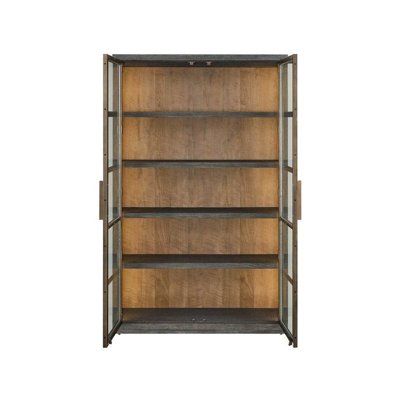 Mist Display Cabinet 50" Wide Tall Elegant Mist Oak Finish Smoked Gold Metal Doors, Brown
