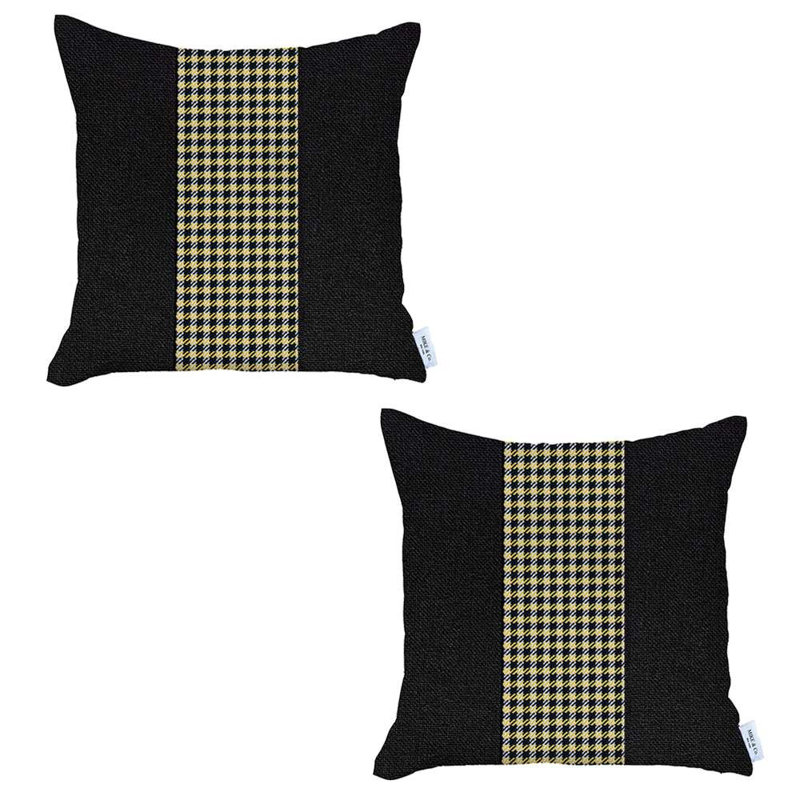 Ensemble de 2 housses de coussins centraux, Noir / jaune pied-de-poule