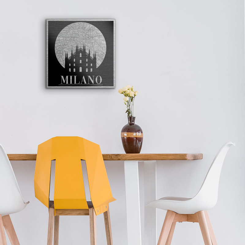 Large Milano Map - Print on Metal, 29cm H x 29cm W, Grey Framed