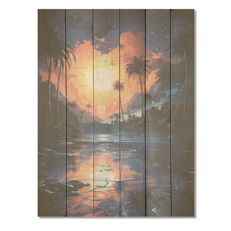 «Moonlight Sapphire Solitude Palms» - palmiers et palmiers, art sur bois de pin naturel, H 20 po x l 10 po