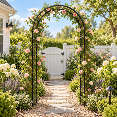 Treillis d'arche de jardin en métal noir 7,3 pi pour plantes grimpantes et décoration de mariage en plein air