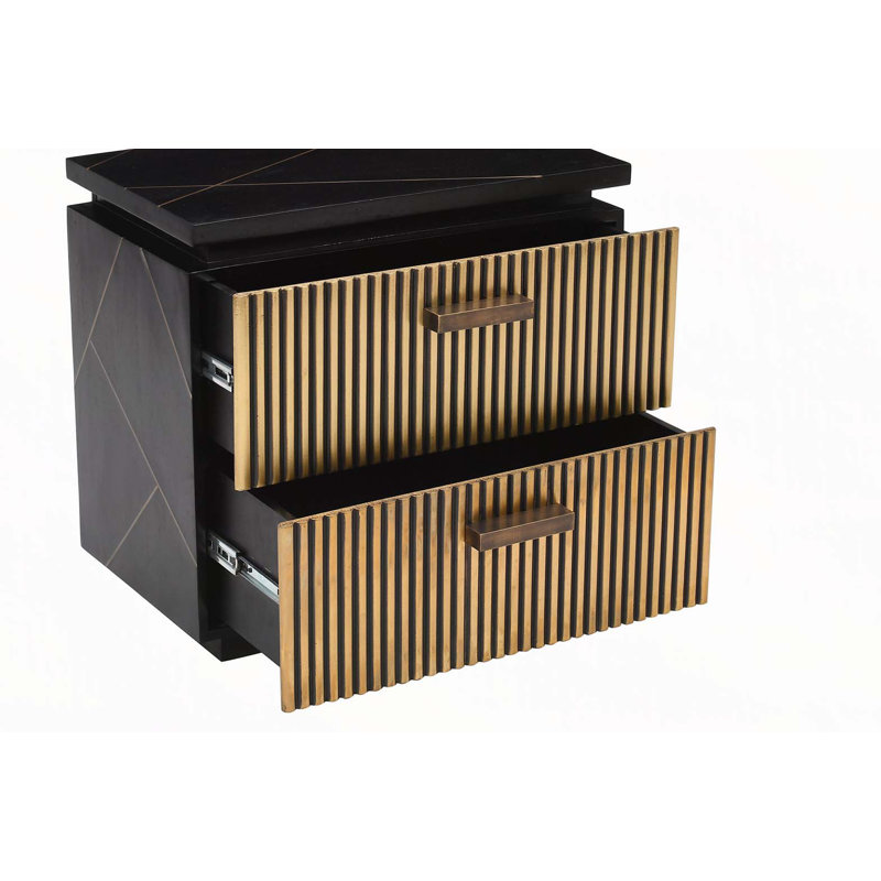 Table de chevet 2 tiroirs de style moderne en bois de manguier et finition en laiton