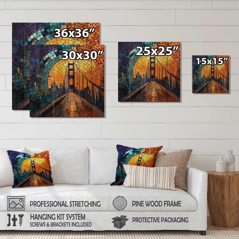 Golden Gate Bridge sur mosaïque Horizon I - décoration murale en bois San Francisco sur bois de pin naturel