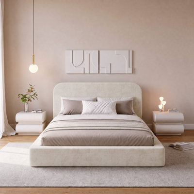 Queen Bread Upholstered Platform Bed Frame with Curved Chenille Headboard, Fully Cushioned Foam Panels, Sturdy Metal Support, No Box Spring Needed, Beige