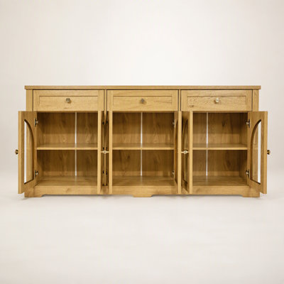 Buffet moderne avec 3 tiroirs et 6 portes en verre arquées, tablettes réglables pour un rangement élégant dans le vestibule, le salon et la salle à manger