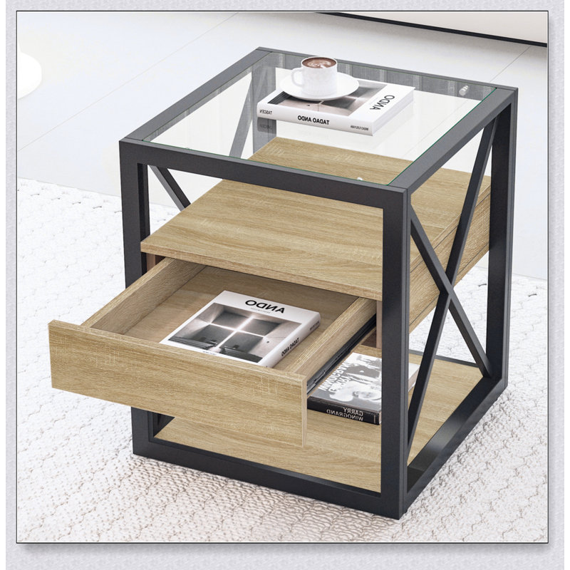 Table de bout moderne avec tiroir - Table de chevet pour chambre à coucher et salon, panneau de fibres à densité moyenne en bois naturel et plateau en verre trempé, table d'appoint de style industriel