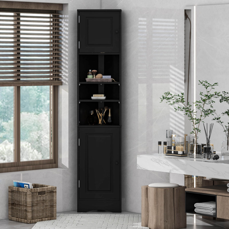 Grande armoire d'angle pour salle de bain avec portes et tablettes réglables, Noir