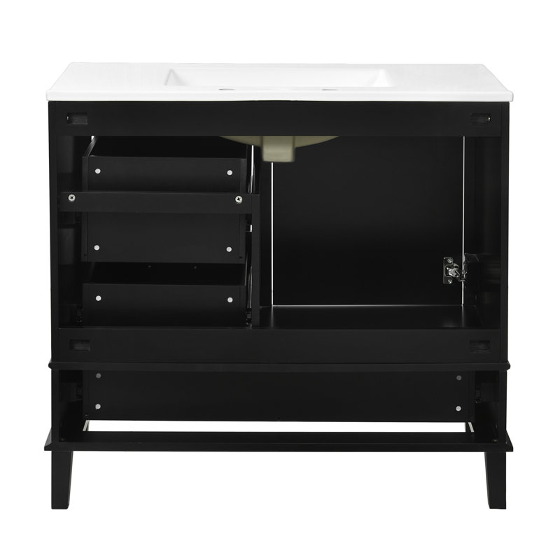 Meuble-lavabo 36 po avec cadre en pin, porte à fermeture douce et tiroirs, armoire moderne, Noir, Argent argent