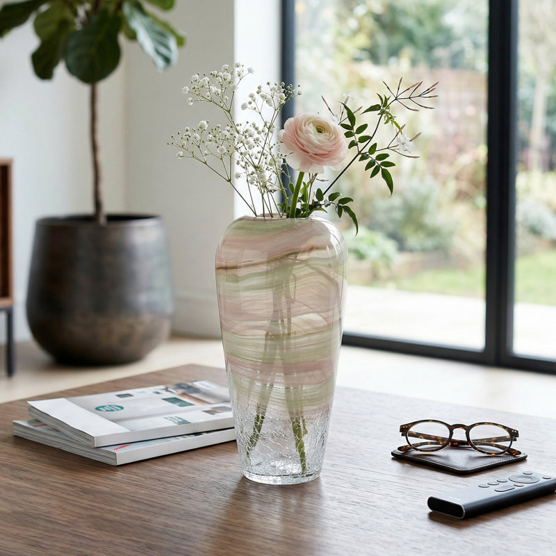 Elegant Crackled Glass Vase with Sculptural Tall Shape for Home Decor - Decorative Flower Vase Accent for Entryway Table or Shelf- Clear & Frost