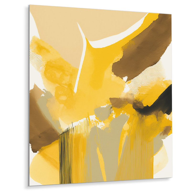Décoration murale moutarde jaune rétro I - Abstrait encre liquide en métal, H 32 po x l 16 po