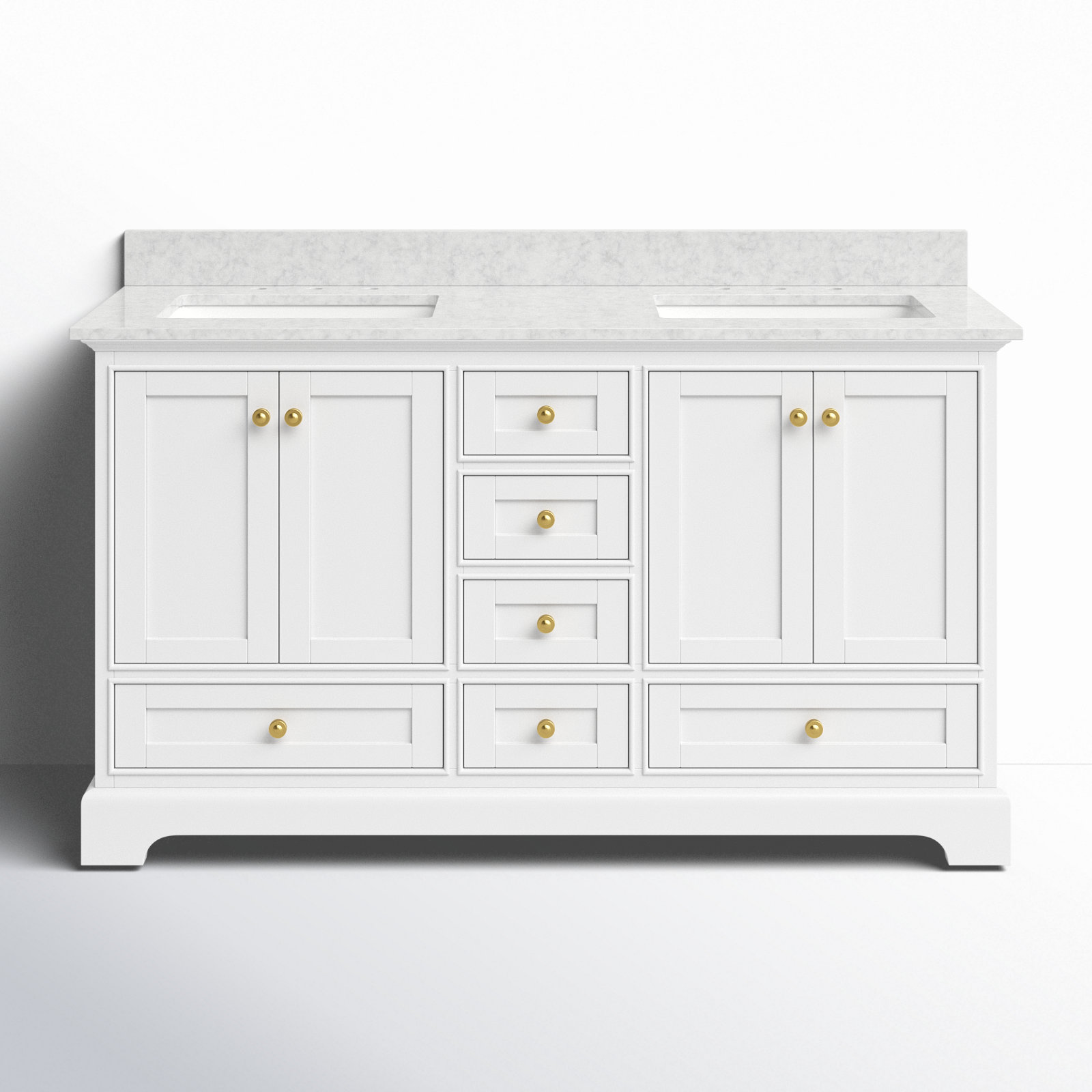 Varna 60'' Double Bathroom Vanity, White/Brushed Gold, Carrara White Marble