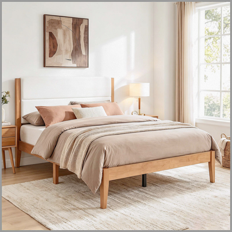 Structure de lit plateforme Mid-Century moderne avec tête de lit tapissier, support de lattes en bois massif, aucun sommier requis, assemblage facile, pleine grandeur, brun