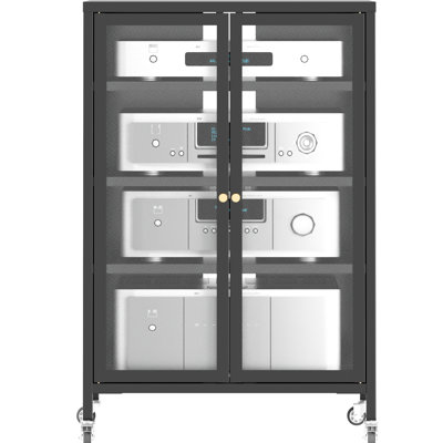 Armoire multimédia haute 35,8 po pour le salon, 4 tablettes réglables, verre trempé résistant, cadre en acier robuste et meuble télé avec roues et portes en verre