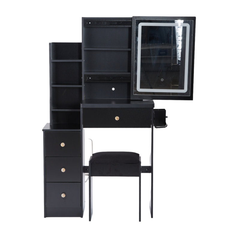 Petite table de chevet gauche de 29,2 po avec 2 blocs d'alimentation AC + 2 USB, porte-séchoir à cheveux, miroir à DEL coulissant surdimensionné