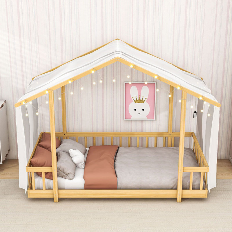 Lit plateforme en bois avec baldaquin en tissu transparent et guirlande lumineuse, Twin, Naturel