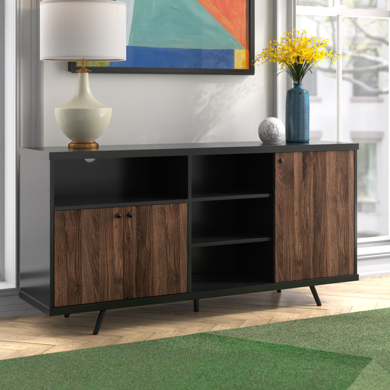 Scylla Unfinished Sideboard with Fireplace Included, Solid Black/Dark Walnut