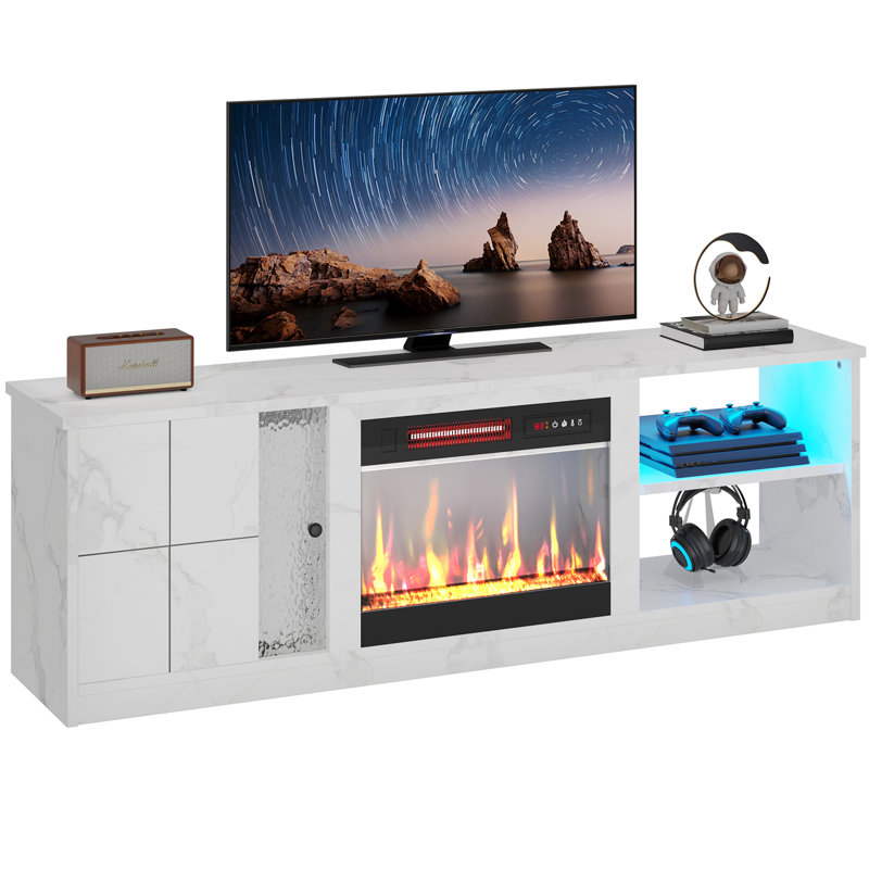63 Inch Electric Fireplace TV Stand With Storage Cabinet And LED Open Shelf For Tvs Up To 70 Inch, White