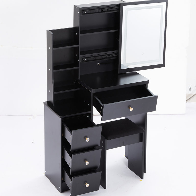 Meuble-lavabo gauche avec miroir à DEL réglable couleur et luminosité, tabouret rembourré, noir, pour petits espaces de décoration