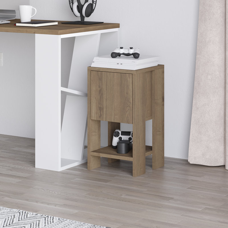 Atharv Bedside Table with Drop-Door Storage and Open Shelf for Versatile Living, Dark Oak