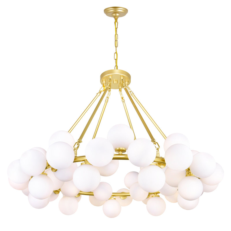 39" Satin Gold Chandelier for Living Room, Dining Room – 45-Light Globe Design with G9 Bulb Base – LED Compatible, Frosted Glass Spheres – BACL Certified