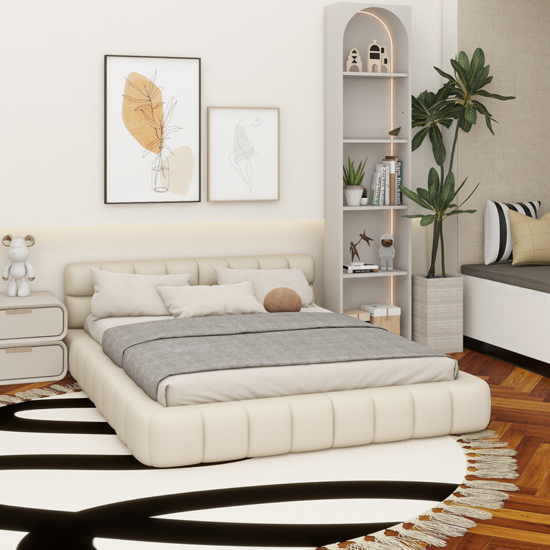 Grand lit plateforme tapissier avec tissu épais et lit au sol avec structure solide, Beige