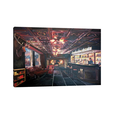 Romantic Night At Rustic Fireside Bar Scene With Village Street View by Markus & Martina Bleichner - Wrapped Canvas Painting