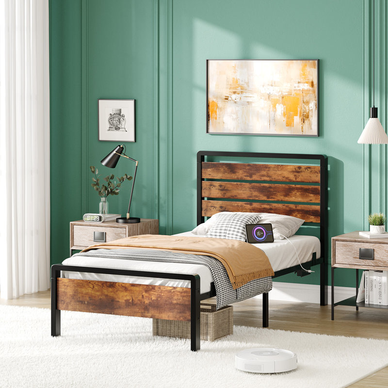 Twin Size Brown Bed Frame With Led Light And Charging Station, Metal Platform Bed With Wood Headboard, Twin, Brown