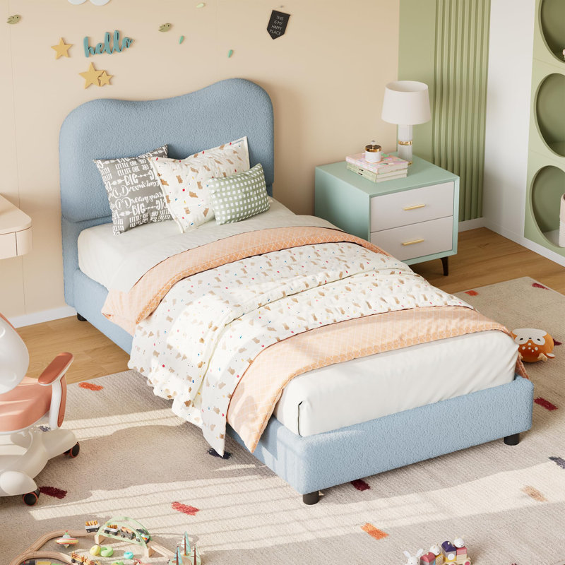 Cadre de lit simple / double / grand pour enfants avec tête de lit tapissier en velours, joli lit plateforme à profil bas pour filles et garçons