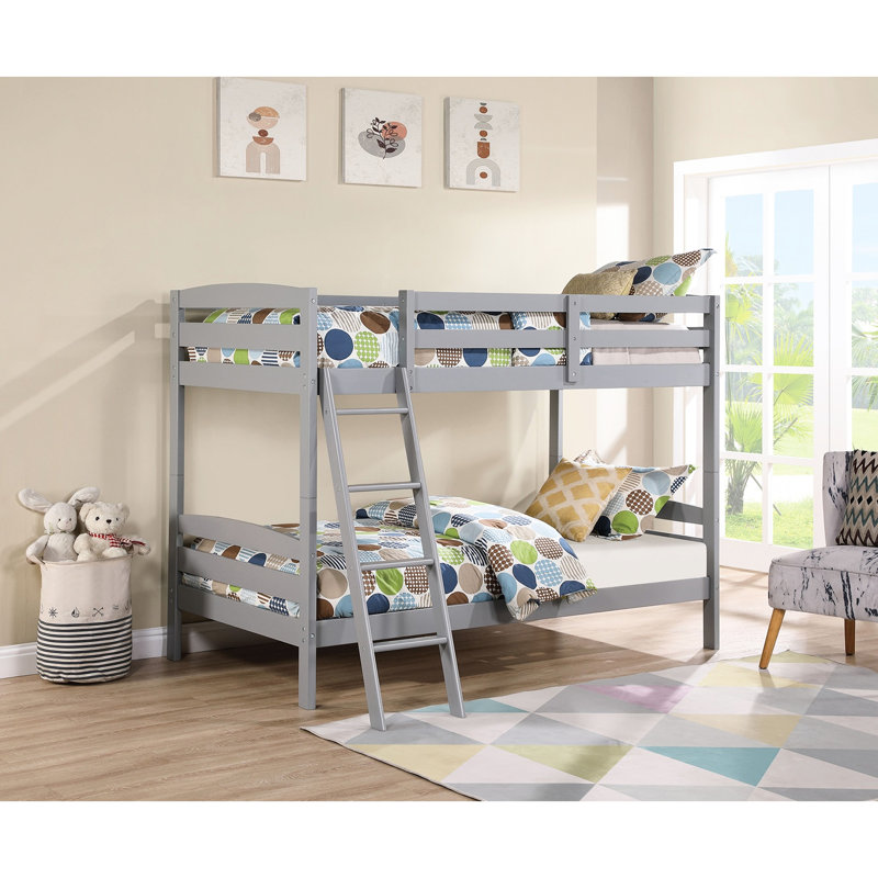 Lit superposé transitionnel gris avec noyau en bois massif, angle, conception à lattes, 2 tiroirs inférieurs, rails supérieurs et ensemble d'écrous ovales pour chambre à coucher