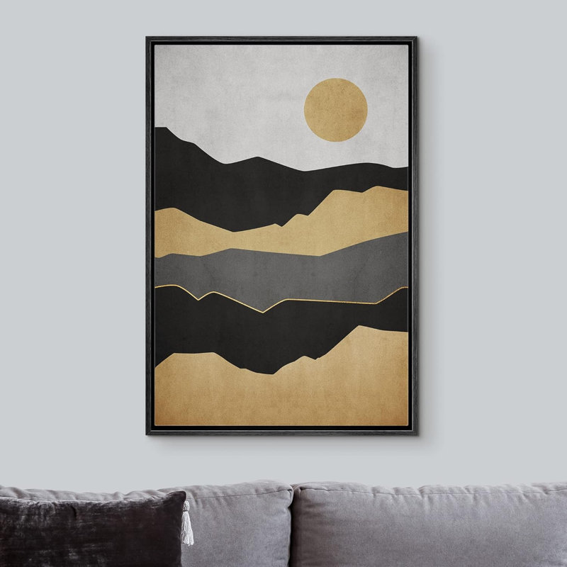 Soleil, chaîne de montagnes, nature, paysage, illustrations, moderne, paysage, rustique, H 24 po x l 16 po, Noir