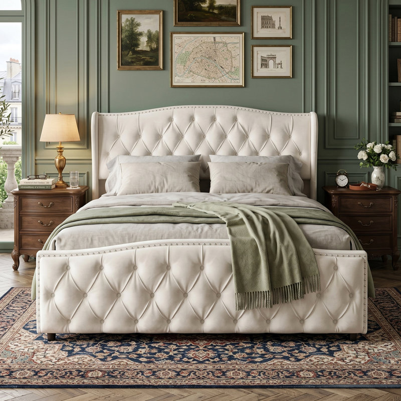 UK & EU Sizes Velvet Ottoman Bed Frame with Hydraulic Gas Lift Storage, Diamond Tufted Wave Wingback Upholstered Platform Bed with Nailhead Trim, Grey/Beige