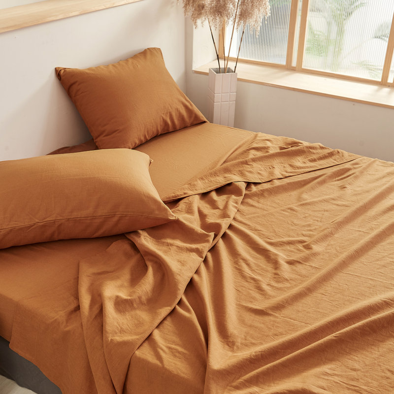 Ensemble de draps en lin, Ensemble de draps pour lit double avec 2 taies d'o, Brun