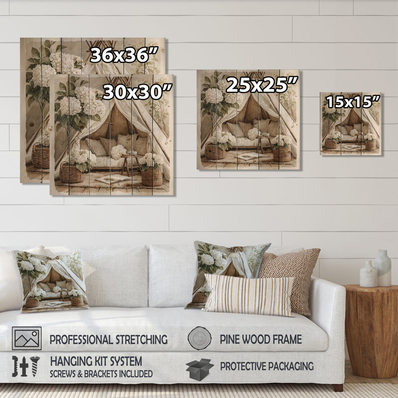 Boho hortensias dans un tipi boho II - décoration murale en bois d'hortensia - sur bois de pin naturel