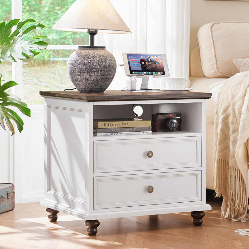 24" Wide Farmhouse Nightstand With Charging Station, End Table With 2 Drawers,Wood Dresser For Bedroom Cabinet, Bed Side Table Chest Of Drawers, Night Stand For Living Room, Closet
