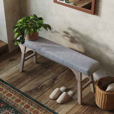 Banc de hall d'entrée rembourré rustique avec tissu à chevrons gris clair et pieds en bois massif vieilli