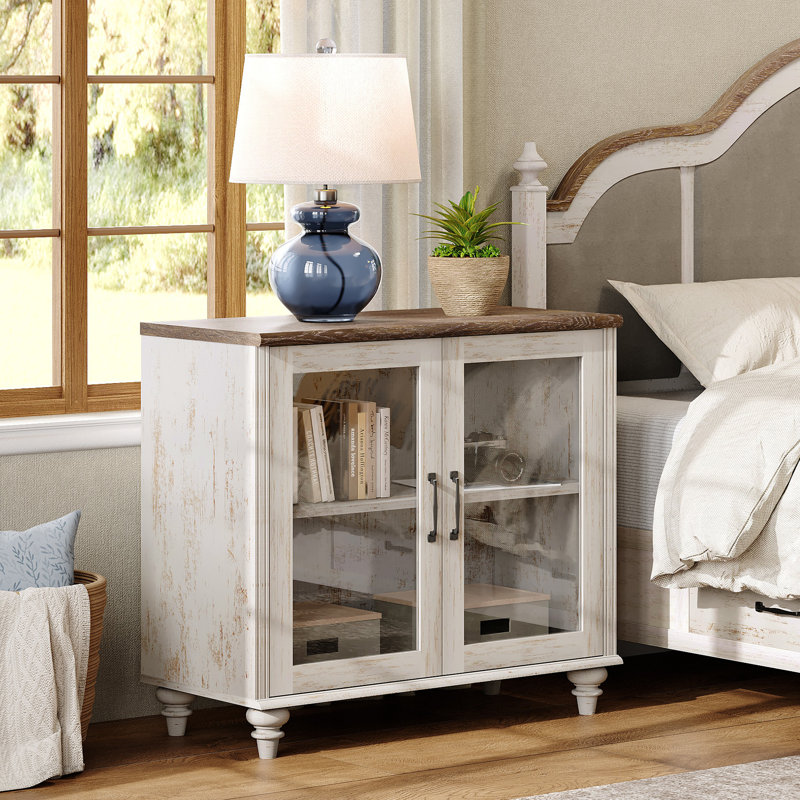 Nightstand For Bedroom With Glass Doors, Mid Century Modern Wooden Closet Storage Organizer, Individual, Rustic White/Brown