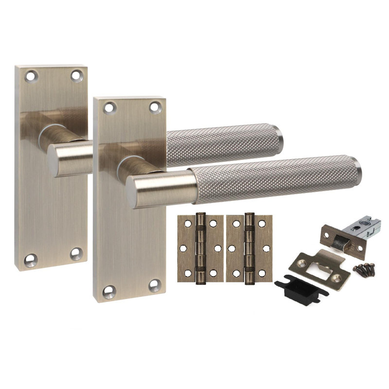 Golden Grace 4 Pair Victorian T-Bar Knurled Door Handle Antique Brass Finish with Ball Bearing Hinges and Latches - 120 x 40mm