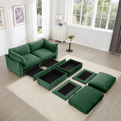 Canapé 2 places avec repose-pieds, canapé 2 places avec 2 repose-pieds mobiles, tiroir de rangement coulissant sous chaque siège, vert chenille