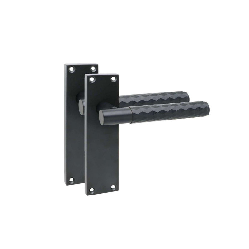Golden Grace 6 Pairs Victorian Knurled Diamond Cut Door Handle on Backplate Matt Black with 2.5" Latch & Hinges - 150mm x 40mm