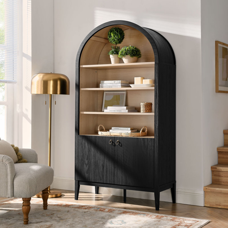 Nolan 74" Tall Arched Storage Display Cabinet Bookshelf, Black