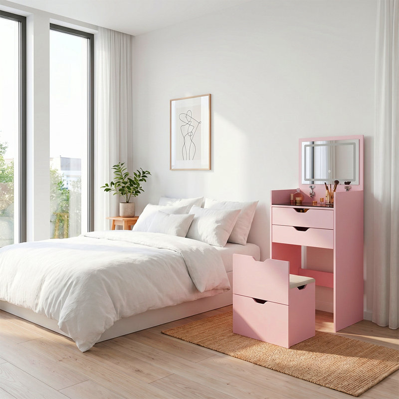 Bureau de coiffeuse rose 3 en 1 avec miroir rabattable, 2 tiroirs, rangement de tabouret caché et éclairage à DEL 3 couleurs