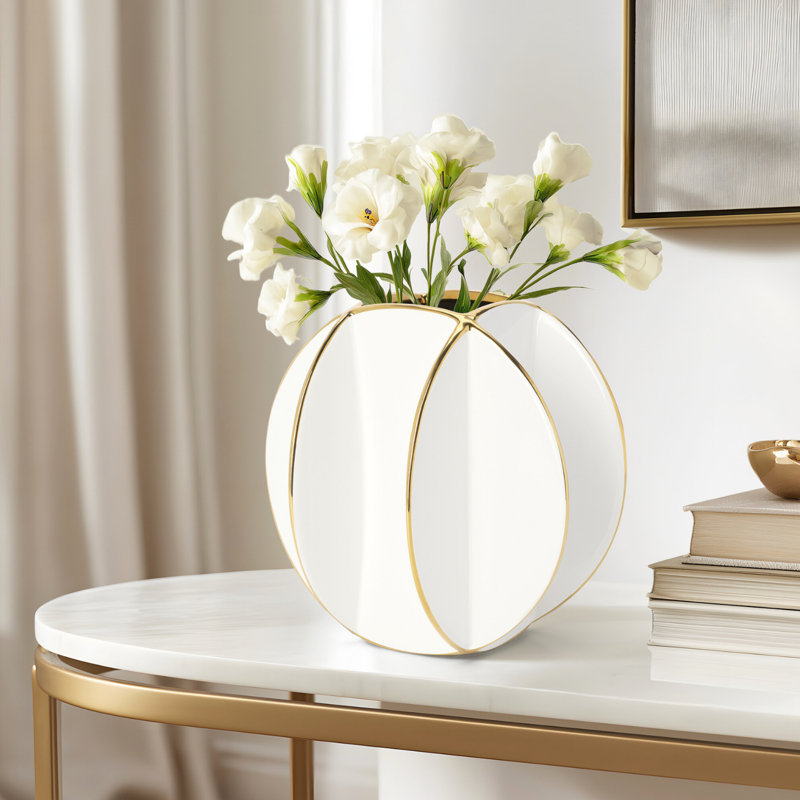 Oris 8" Gold Trim Faceted Panel White Ceramic Vase